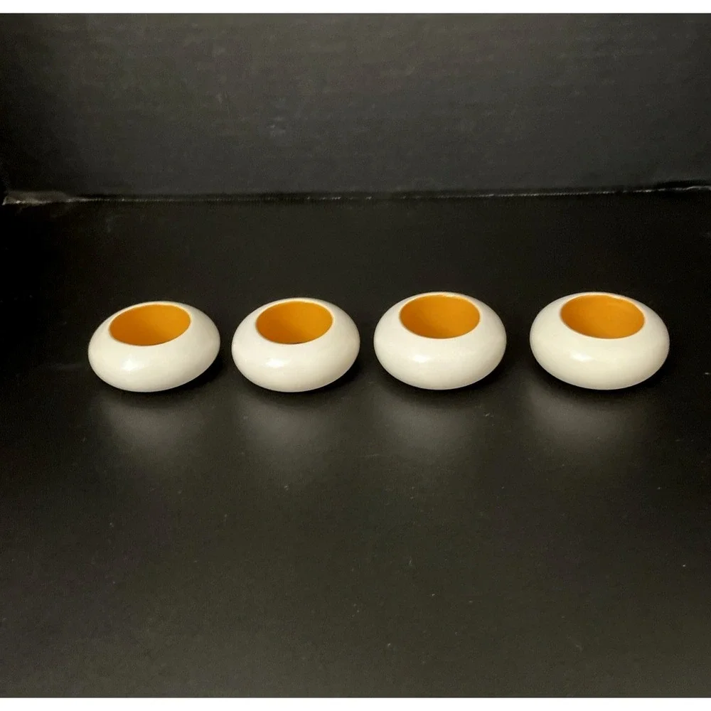 Vintage Mod Wood Napkin‎ Rings White Yellow/Orange Set of 4 Retro